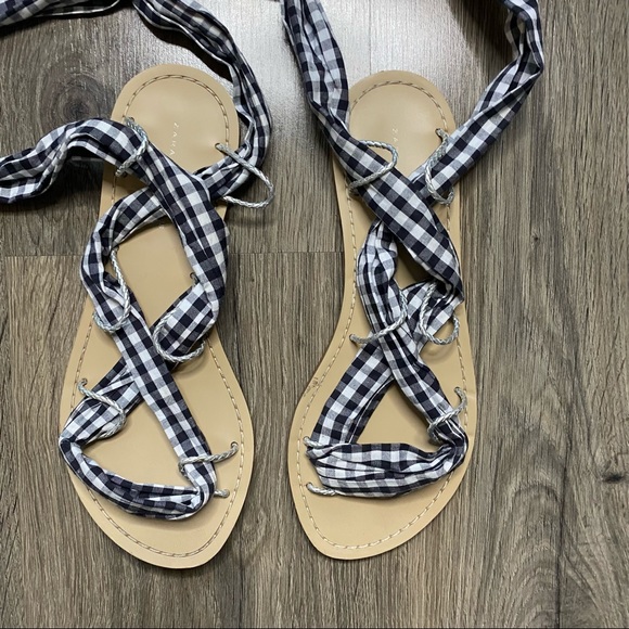 Zara | Gingham Black & White Tie Strap Sandals - Picture 4 of 7